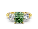 Yellow gold Fancy Green Radiant Cut Diamond Three-Stone Ring with Prong Setting and Pavé Band