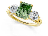 Yellow gold Fancy Green Radiant Cut Diamond Three-Stone Ring with Prong Setting and Pavé Band_1