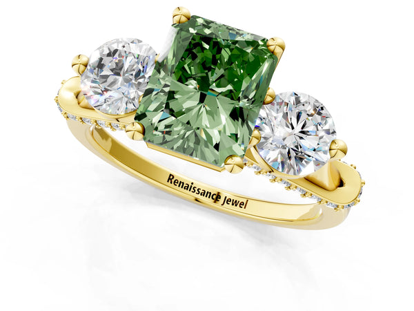 Yellow Gold Radiant Cut Curved Pave Three Stone Engagement Ring Setting for Fancy Green Center