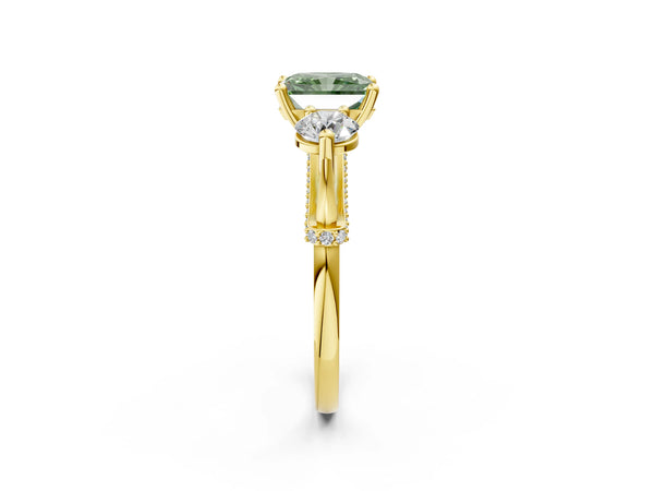 Yellow Gold Radiant Cut Curved Pave Three Stone Engagement Ring Setting for Fancy Green Center