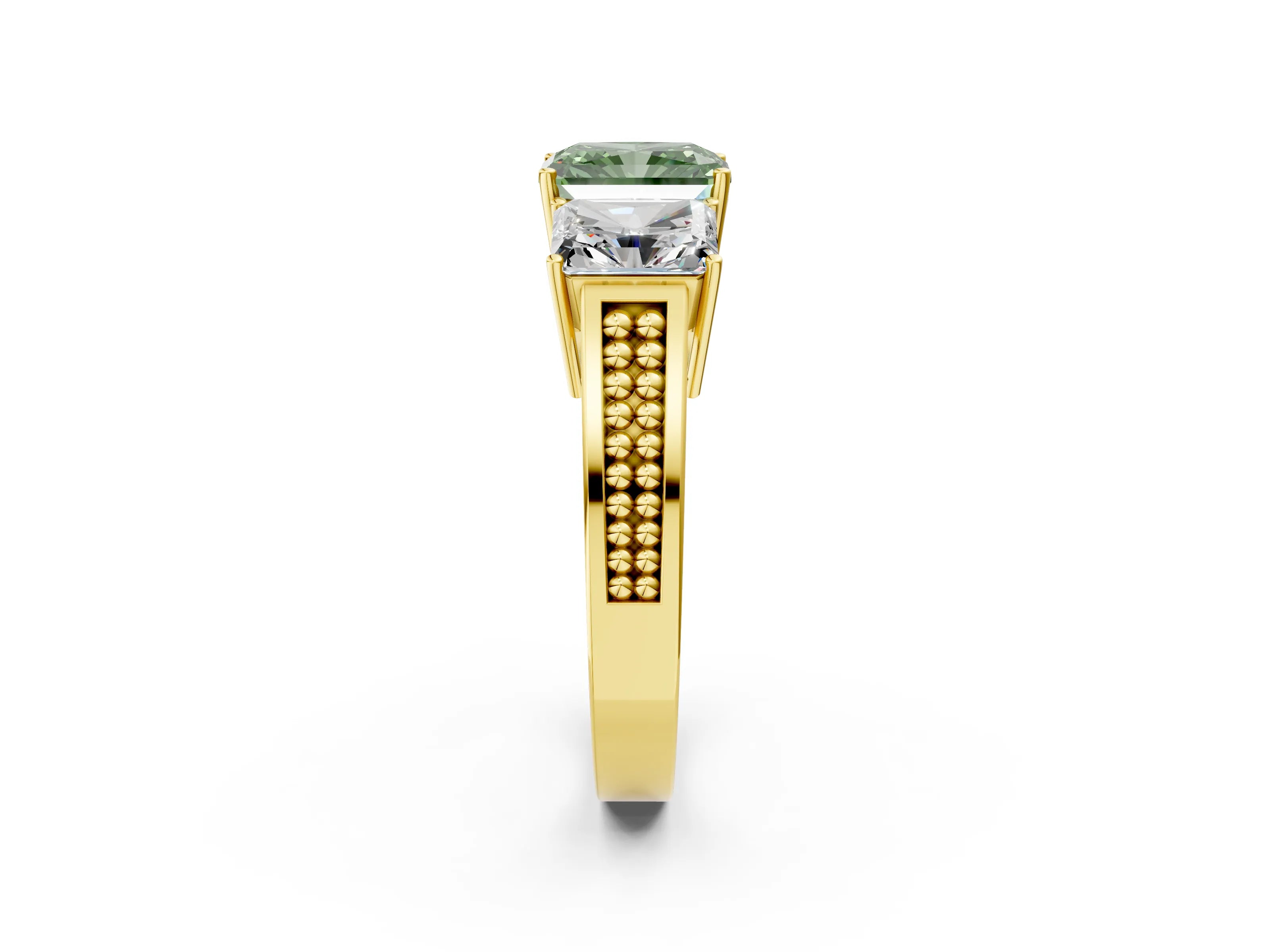 Yellow gold Fancy Green Radiant Cut Diamond Three-Stone Ring with Prong Setting and Textured Band_2