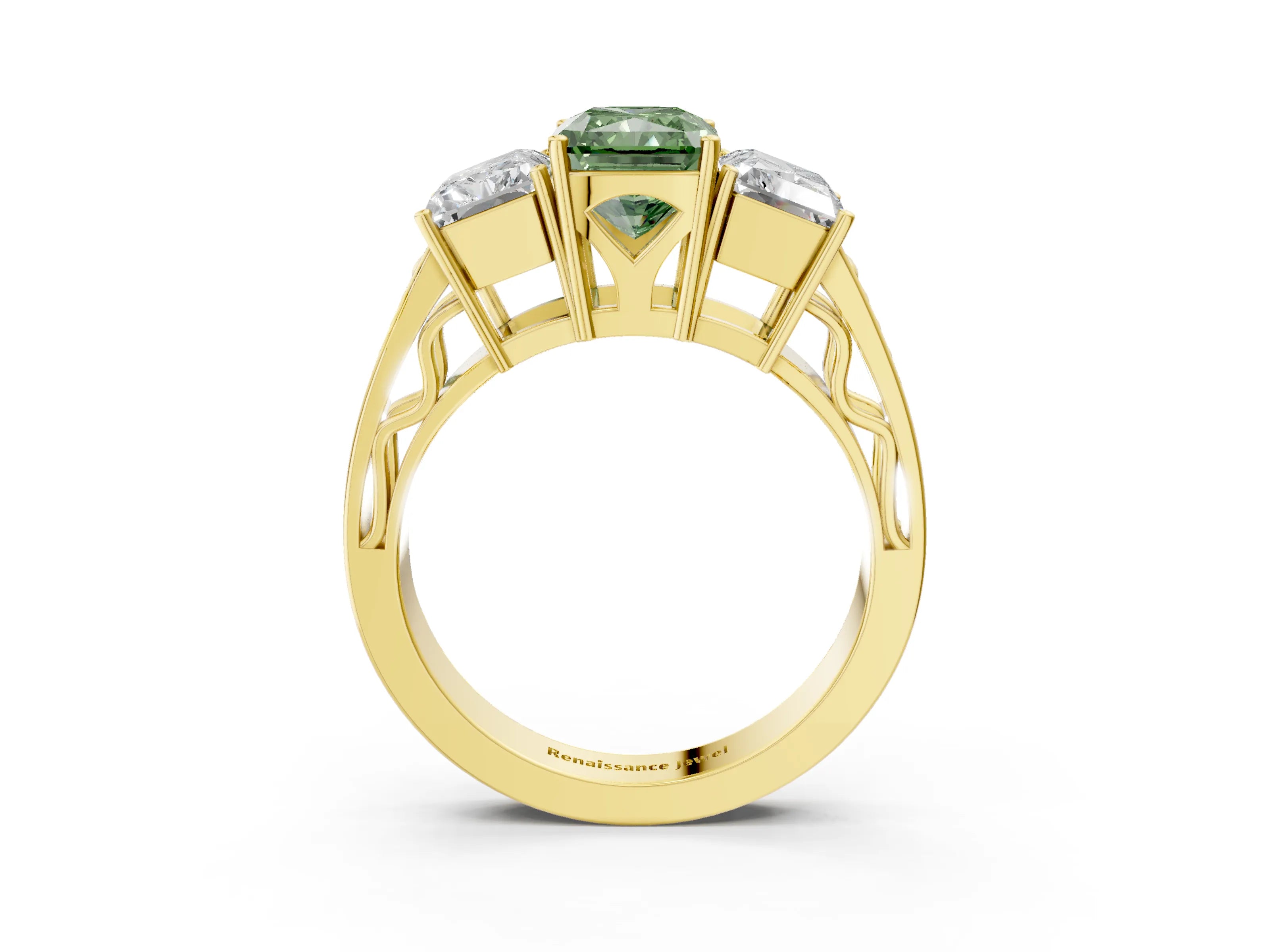 Yellow gold Fancy Green Radiant Cut Diamond Three-Stone Ring with Prong Setting and Textured Band_3
