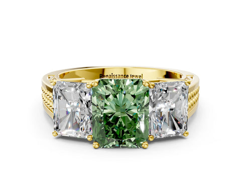Yellow gold Fancy Green Radiant Cut Diamond Three-Stone Ring with Prong Setting and Textured Band_31