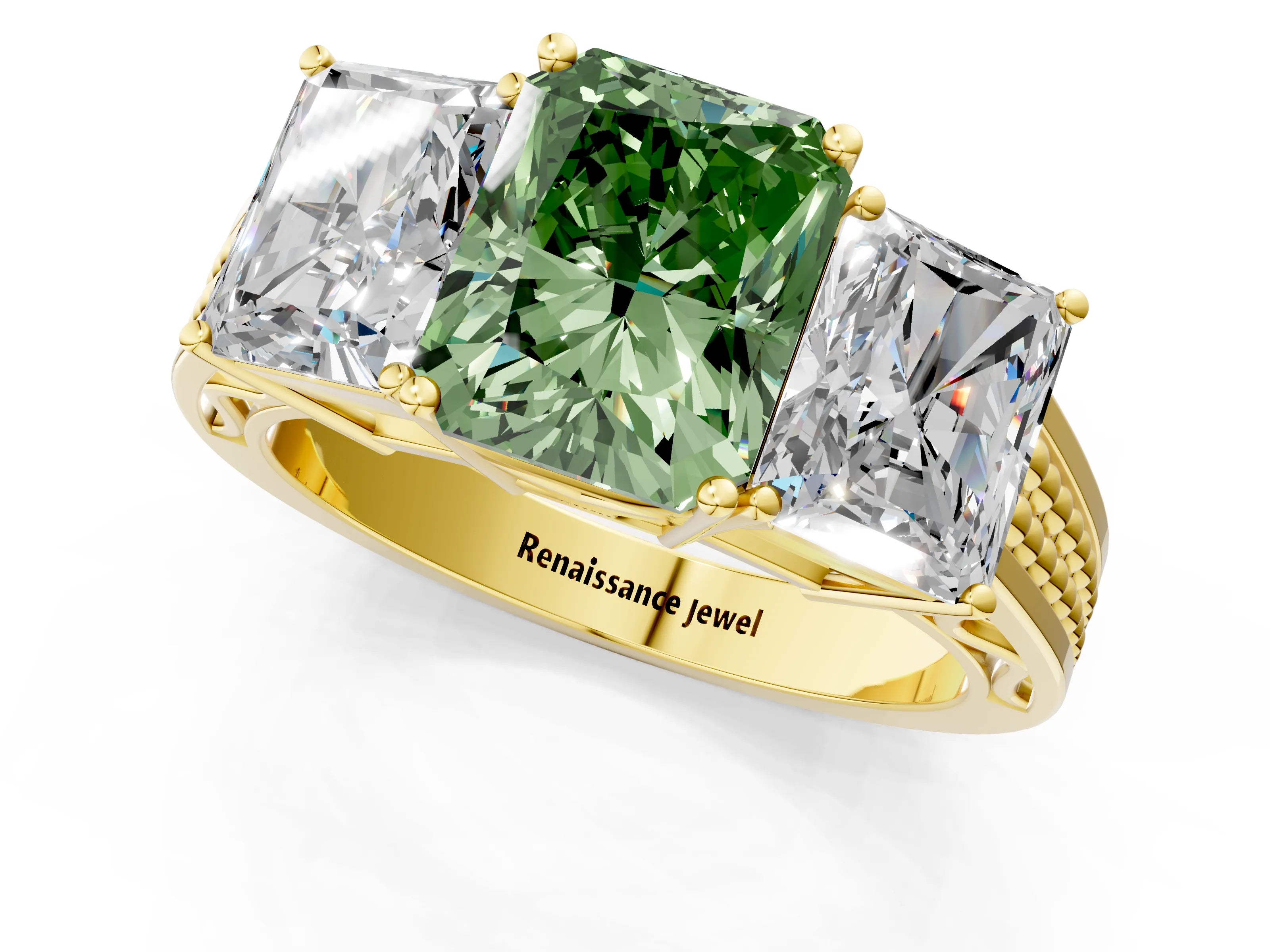 Yellow gold Fancy Green Radiant Cut Diamond Three-Stone Ring with Prong Setting and Textured Band_32