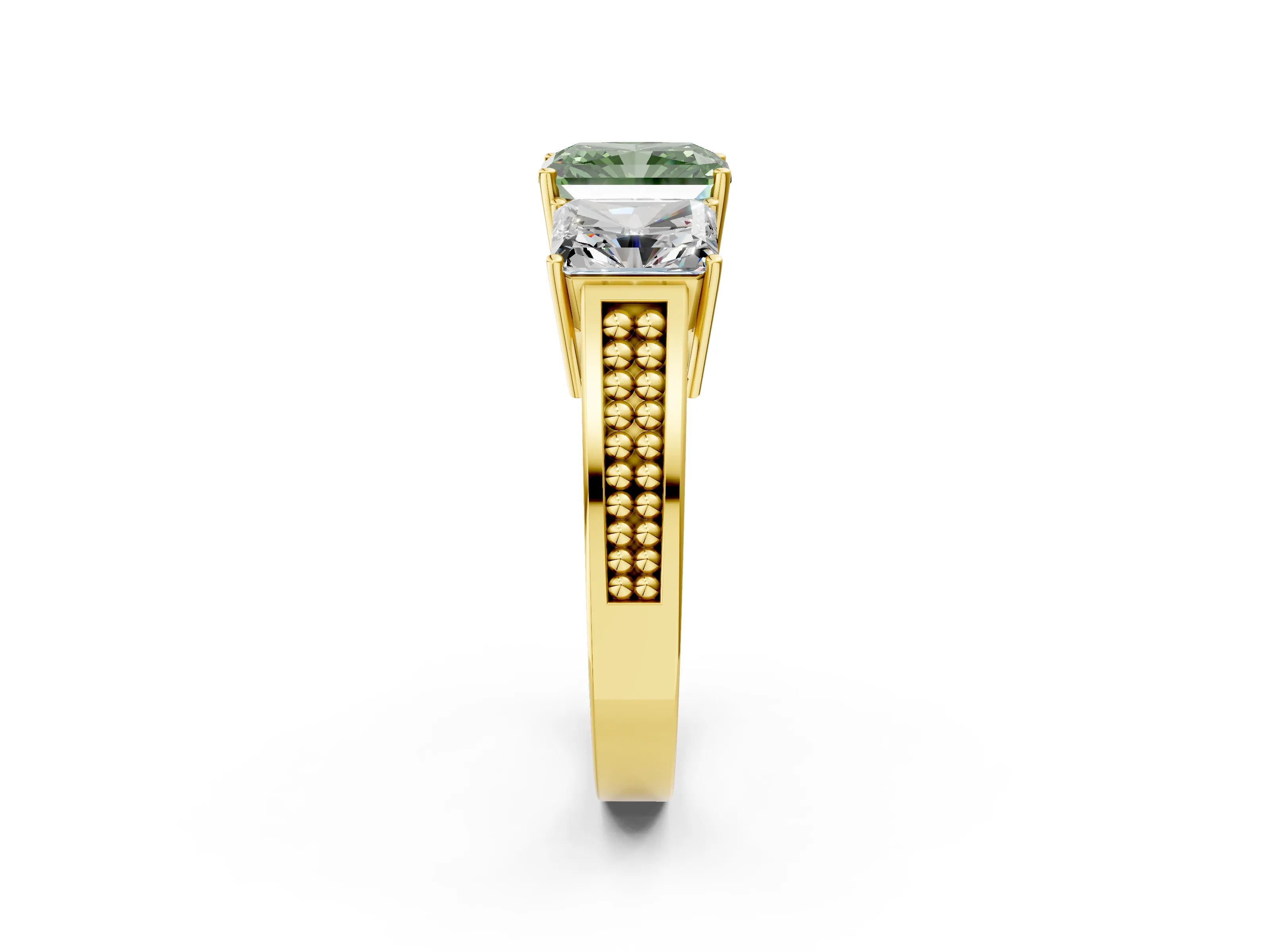 Yellow gold Fancy Green Radiant Cut Diamond Three-Stone Ring with Prong Setting and Textured Band_33