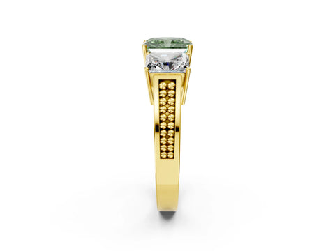 Yellow gold Fancy Green Radiant Cut Diamond Three-Stone Ring with Prong Setting and Textured Band_33