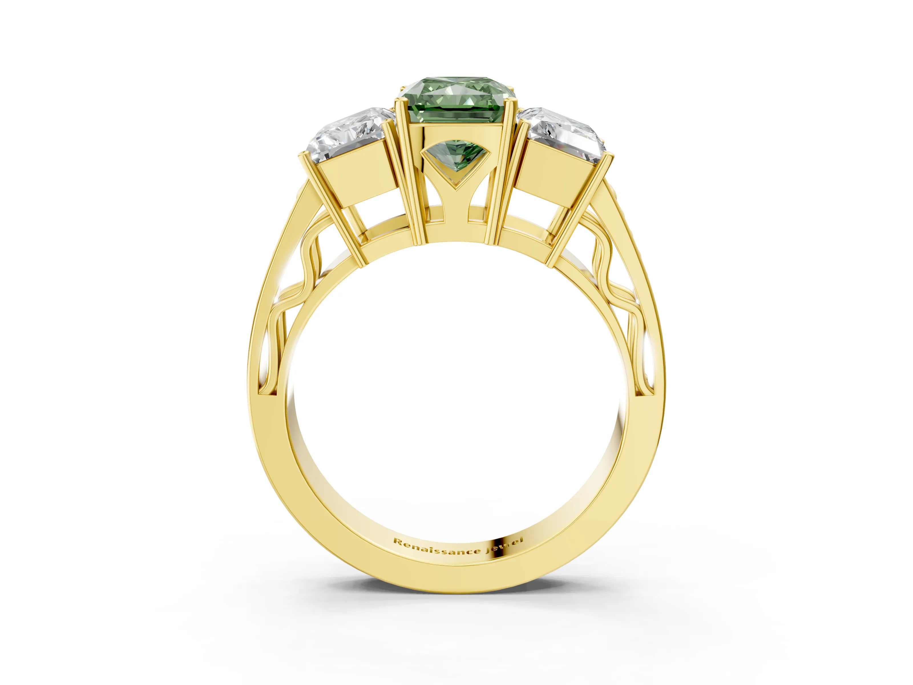 Yellow gold Fancy Green Radiant Cut Diamond Three-Stone Ring with Prong Setting and Textured Band_34