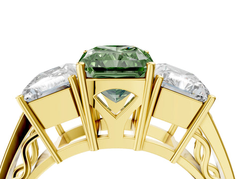 Yellow gold Fancy Green Radiant Cut Diamond Three-Stone Ring with Prong Setting and Textured Band_35