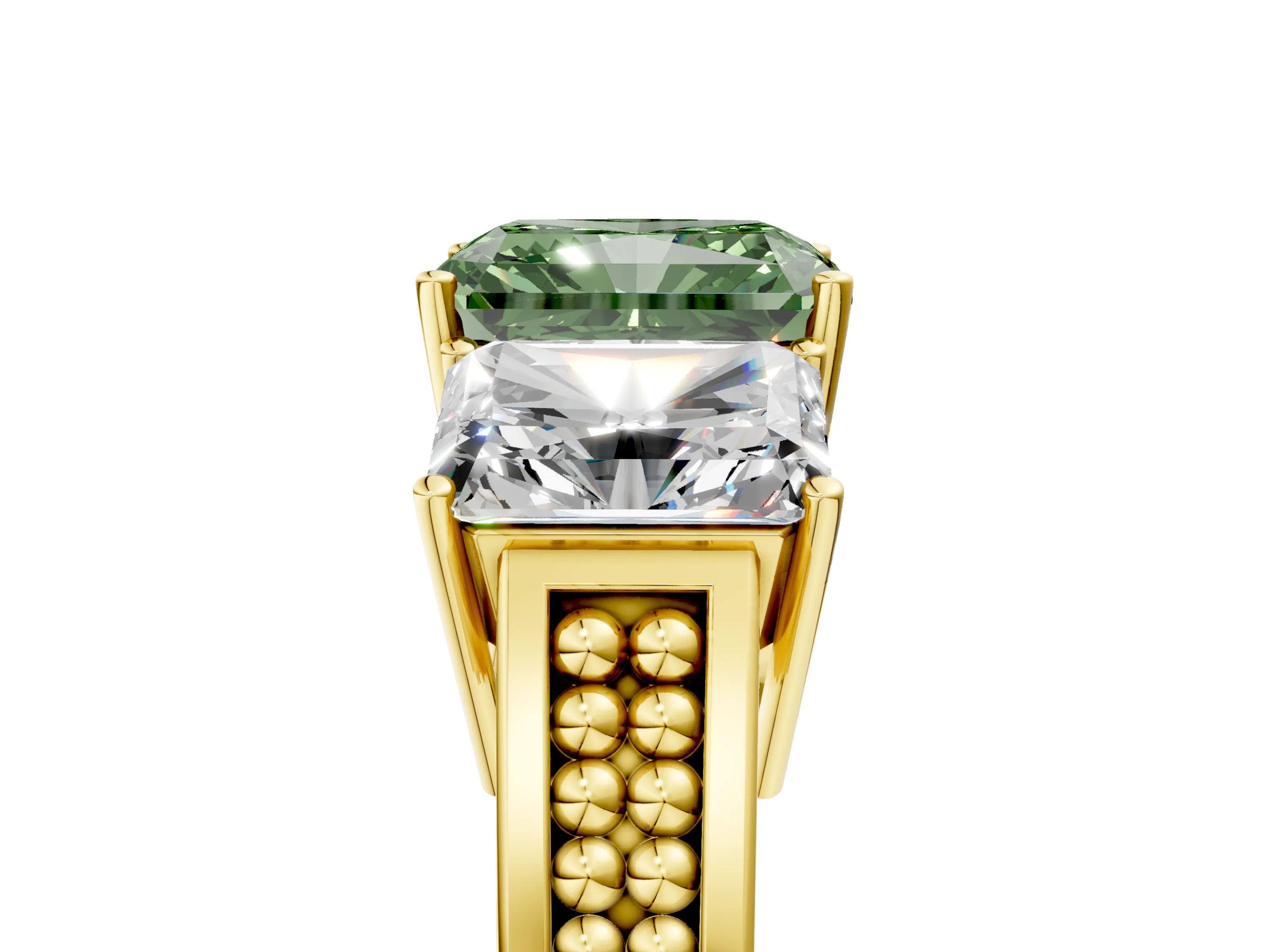 Yellow gold Fancy Green Radiant Cut Diamond Three-Stone Ring with Prong Setting and Textured Band_36