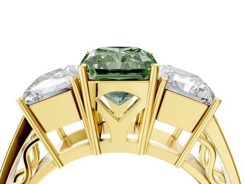 Yellow gold Fancy Green Radiant Cut Diamond Three-Stone Ring with Prong Setting and Textured Band_4