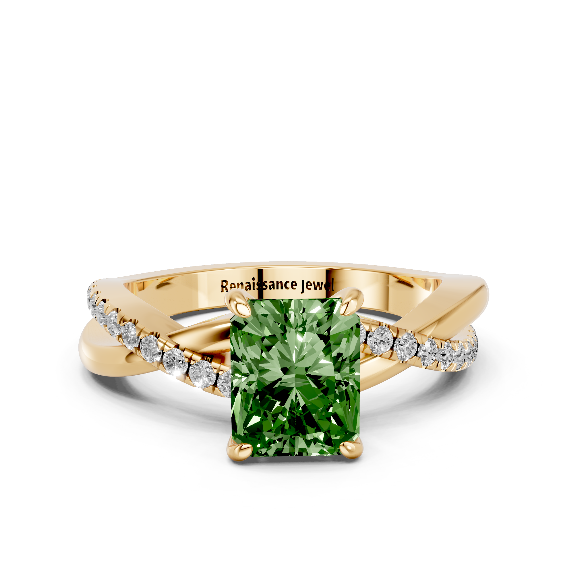 Yellow gold Fancy Green Radiant  Cut Diamond Twist Band Solitaire with Prong Setting_11