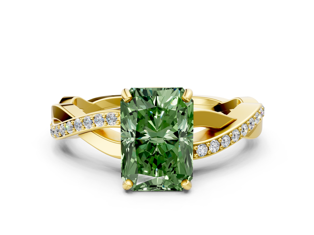 Yellow gold Fancy Green Radiant  Cut Diamond Twisted Band Engagement Ring with Prong Setting_3