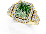 Yellow gold Fancy Green Radiant  Cut Double Halo Diamond Engagement Ring with Pave Band and Four-Prong Setting 1