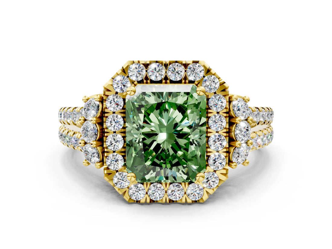 Yellow gold Fancy Green Radiant  Cut Double Halo Diamond Engagement Ring with Pave Band and Four-Prong Setting