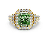 Yellow gold Fancy Green Radiant  Cut Double Halo Diamond Engagement Ring with Pave Band and Four-Prong Setting