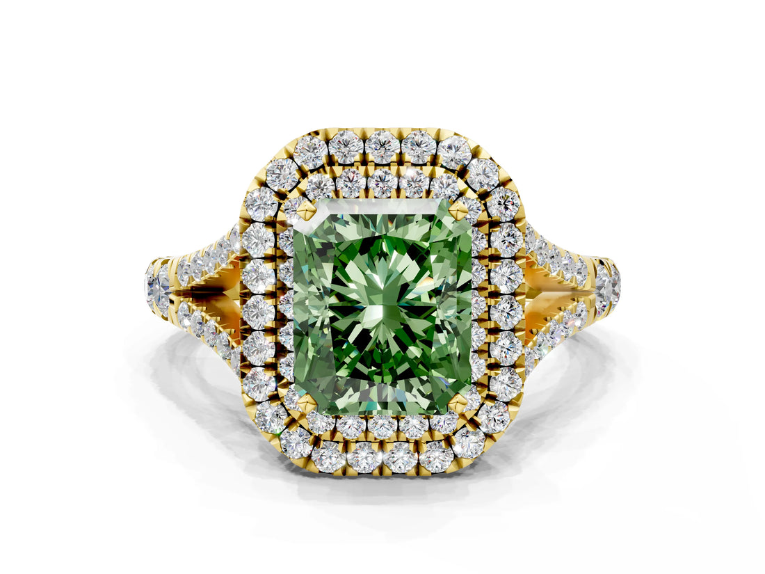 Yellow gold Fancy Green Radiant  Cut Double Halo Split Shank Diamond Ring with Prong Setting_47