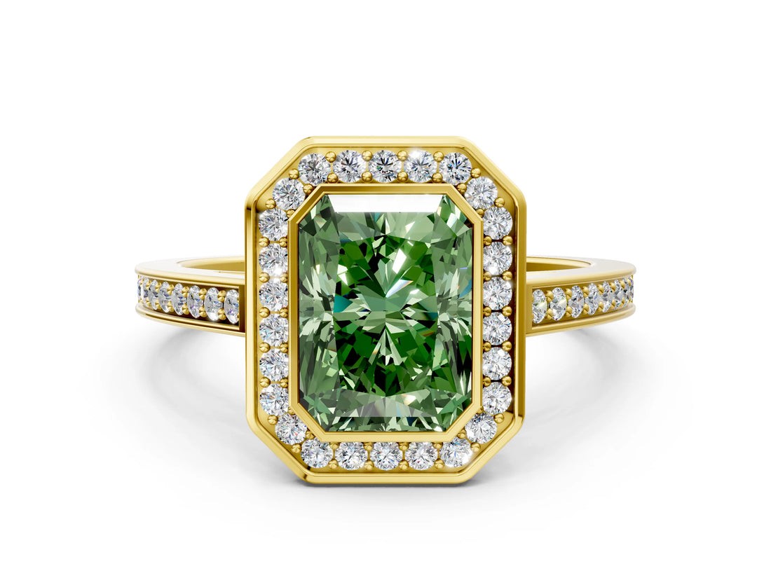 Yellow gold Fancy Green Radiant Cut Halo Bezel Diamond Pave Band Ring