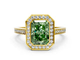 Yellow gold Fancy Green Radiant Cut Halo Bezel Diamond Pave Band Ring