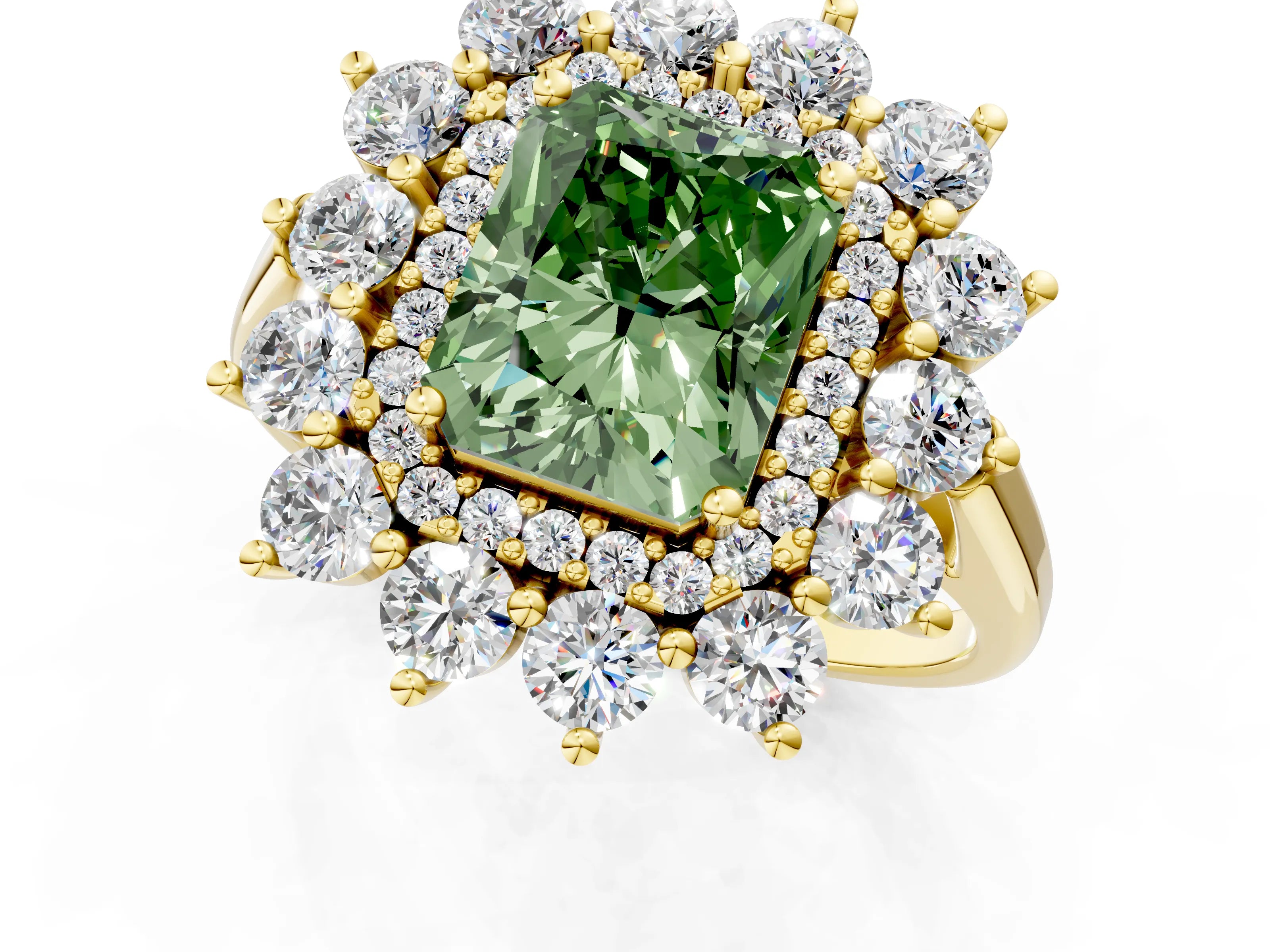 Yellow gold Fancy Green Radiant Cut Halo Cluster Diamond Ring with Pave Band and Four-Prong Setting_13