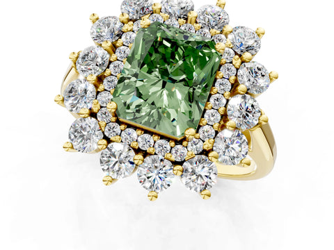 Yellow gold Fancy Green Radiant Cut Halo Cluster Diamond Ring with Pave Band and Four-Prong Setting_13