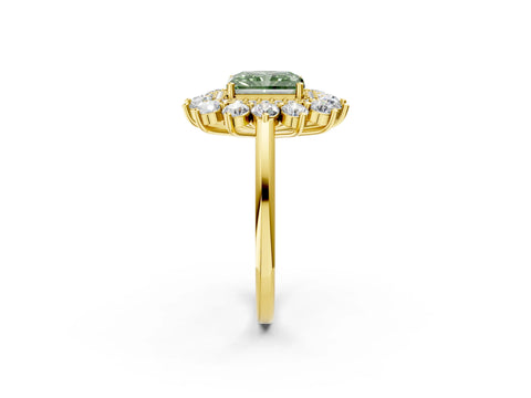 Yellow gold Fancy Green Radiant Cut Halo Cluster Diamond Ring with Pave Band and Four-Prong Setting_14