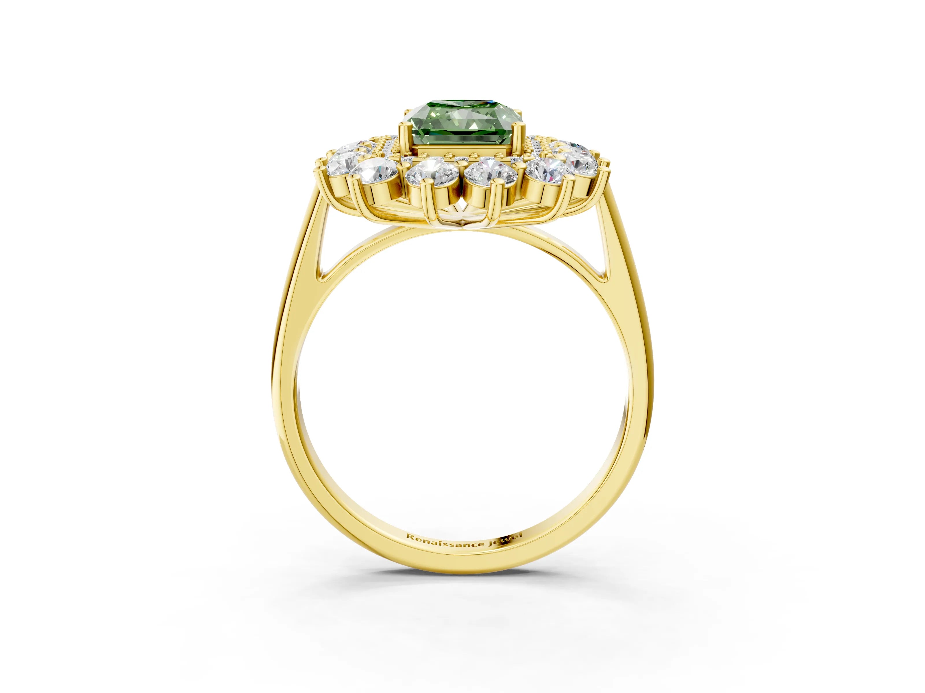Yellow gold Fancy Green Radiant Cut Halo Cluster Diamond Ring with Pave Band and Four-Prong Setting_15