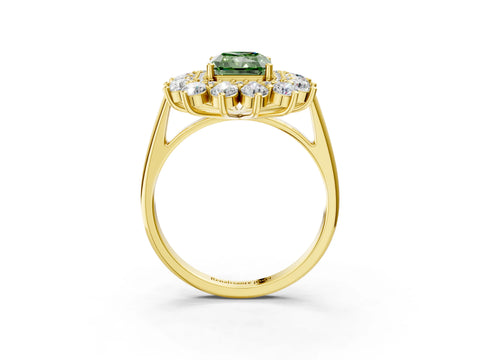 Yellow gold Fancy Green Radiant Cut Halo Cluster Diamond Ring with Pave Band and Four-Prong Setting_15