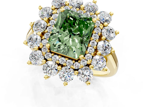 Yellow gold Fancy Green Radiant Cut Halo Cluster Diamond Ring with Pave Band and Four-Prong Setting_1