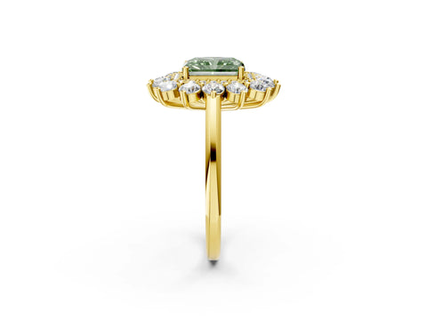 Yellow gold Fancy Green Radiant Cut Halo Cluster Diamond Ring with Pave Band and Four-Prong Setting_2