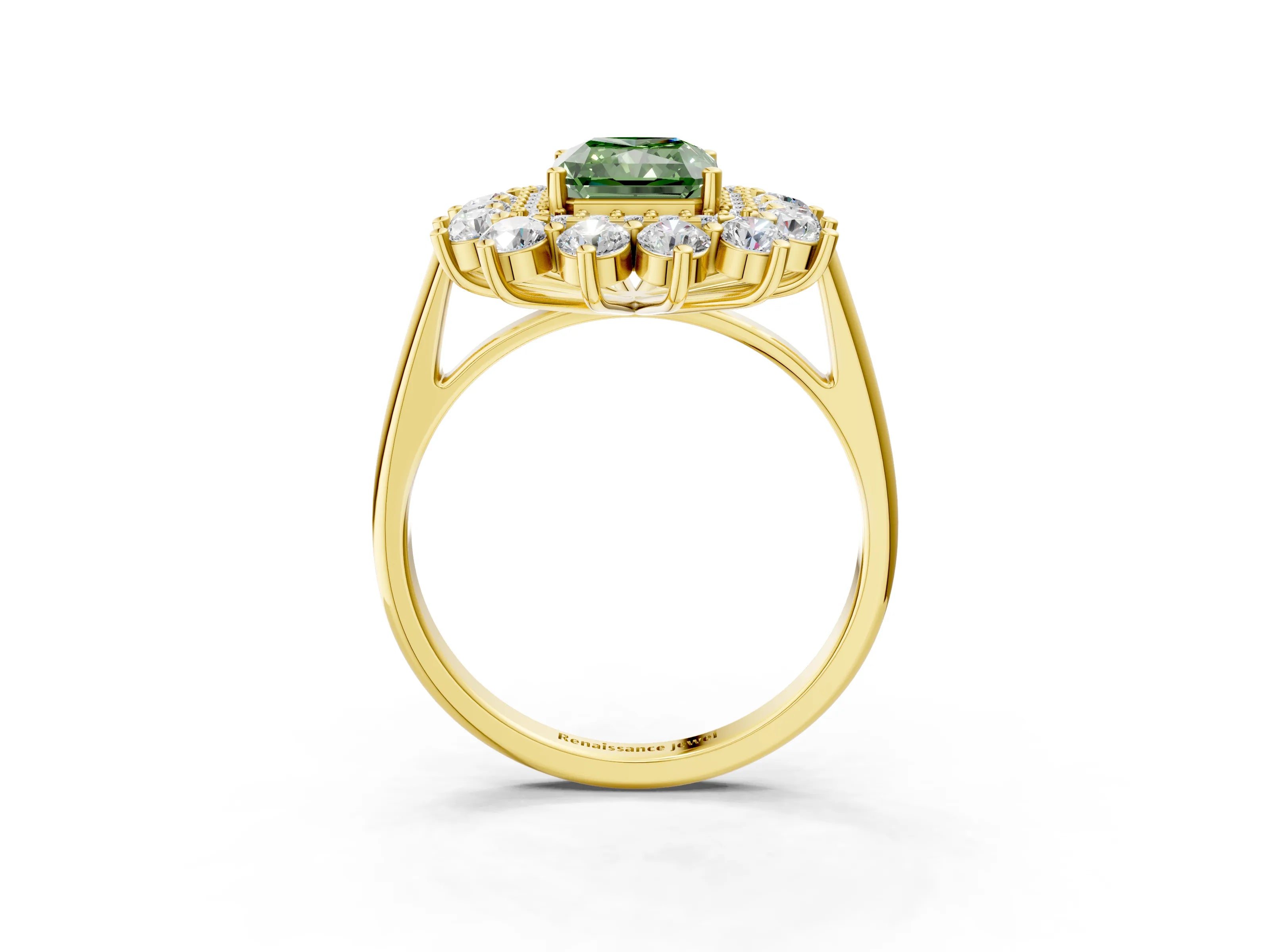 Yellow gold Fancy Green Radiant Cut Halo Cluster Diamond Ring with Pave Band and Four-Prong Setting_3