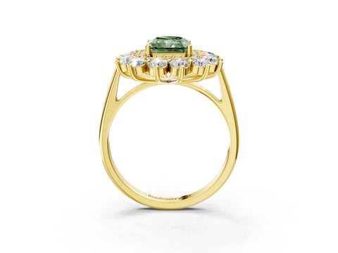Yellow gold Fancy Green Radiant Cut Halo Cluster Diamond Ring with Pave Band and Four-Prong Setting_3