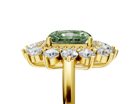 Yellow gold Fancy Green Radiant Cut Halo Cluster Diamond Ring with Pave Band and Four-Prong Setting_5