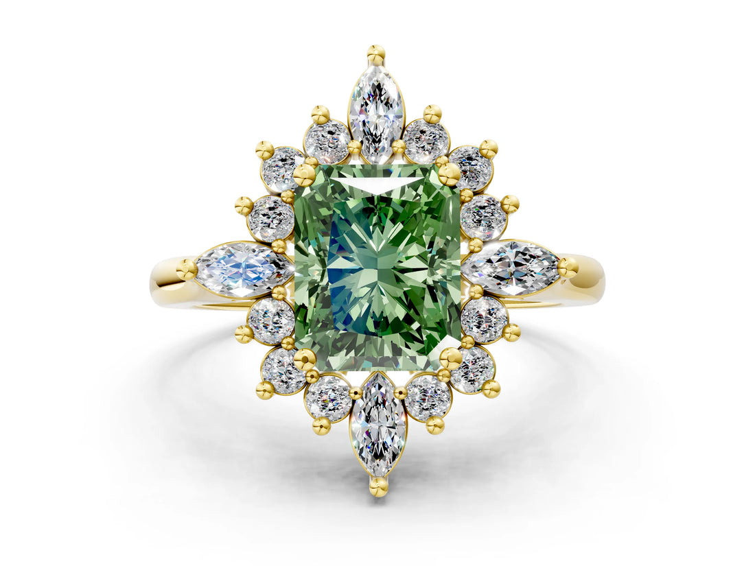 Yellow gold Fancy Green Radiant Cut Halo Diamond Cluster Ring with Marquise and Round Stones on a White Gold Band with Prong Setting