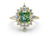 Yellow gold Fancy Green Radiant Cut Halo Diamond Cluster Ring with Marquise and Round Stones on a White Gold Band with Prong Setting