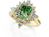 Yellow gold Fancy Green Radiant Cut Halo Diamond Cluster Ring with Marquise and Round Stones on a White Gold Band with Prong Setting_1