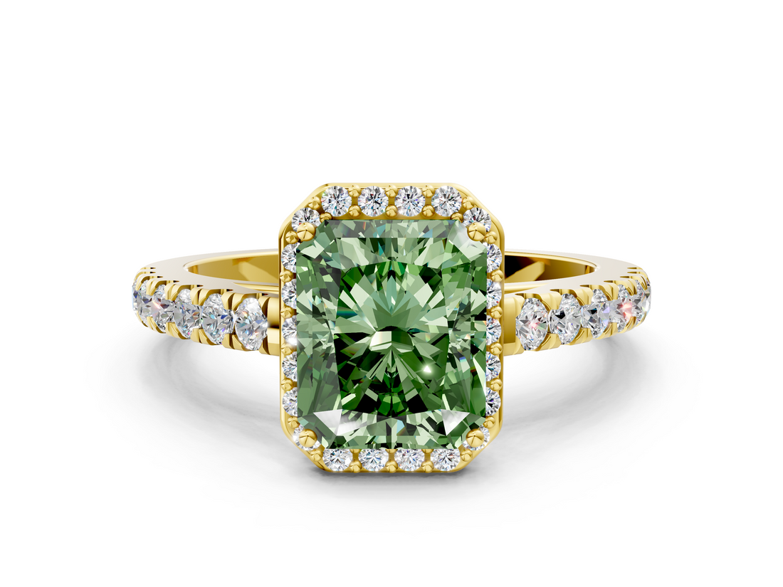 Yellow gold Fancy Green Radiant  Cut Halo Diamond Engagement Ring with Pave Band and Four-Prong Setting_28