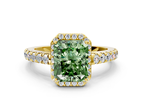 Yellow gold Fancy Green Radiant  Cut Halo Diamond Engagement Ring with Pave Band and Four-Prong Setting
