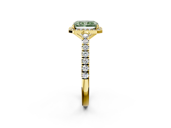 Yellow gold Fancy Green Radiant  Cut Halo Diamond Engagement Ring with Pave Band and Four-Prong Setting