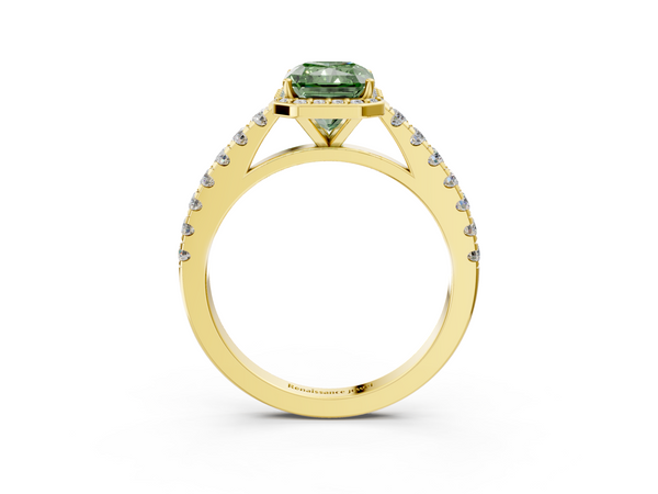 Yellow gold Fancy Green Radiant  Cut Halo Diamond Engagement Ring with Pave Band and Four-Prong Setting