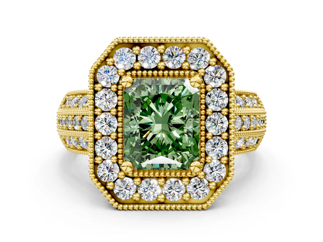 Yellow gold Fancy Green Radiant Cut Halo Diamond Engagement Ring with Pave Split Shank and Four-Prong Setting