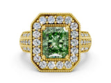 Yellow gold Fancy Green Radiant Cut Halo Diamond Engagement Ring with Pave Split Shank and Four-Prong Setting