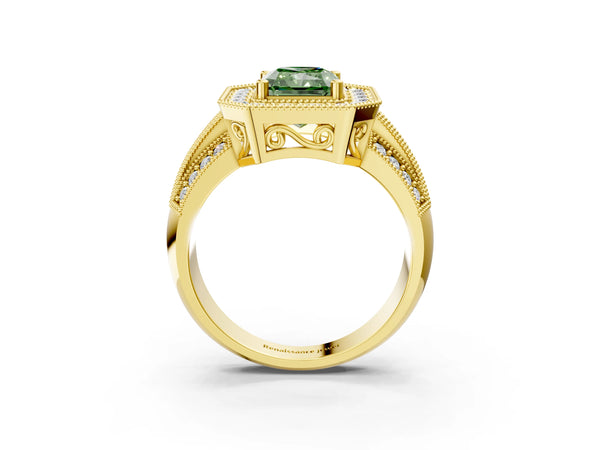 Yellow gold Fancy Green Radiant Cut Halo Diamond Engagement Ring with Pave Split Shank and Four-Prong Setting