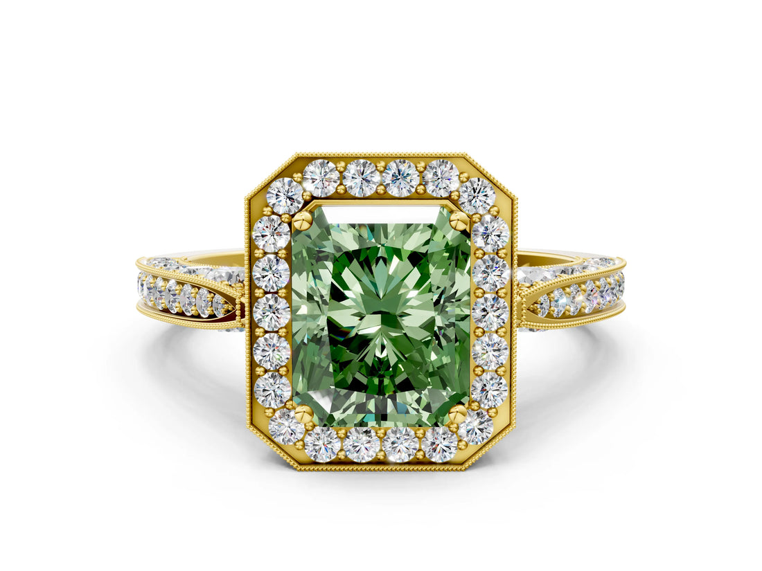 Yellow gold Fancy Green Radiant Cut Halo Diamond Engagement Ring with Split Shank Band and Four-Prong Setting