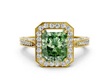 Yellow gold Fancy Green Radiant Cut Halo Diamond Engagement Ring with Split Shank Band and Four-Prong Setting