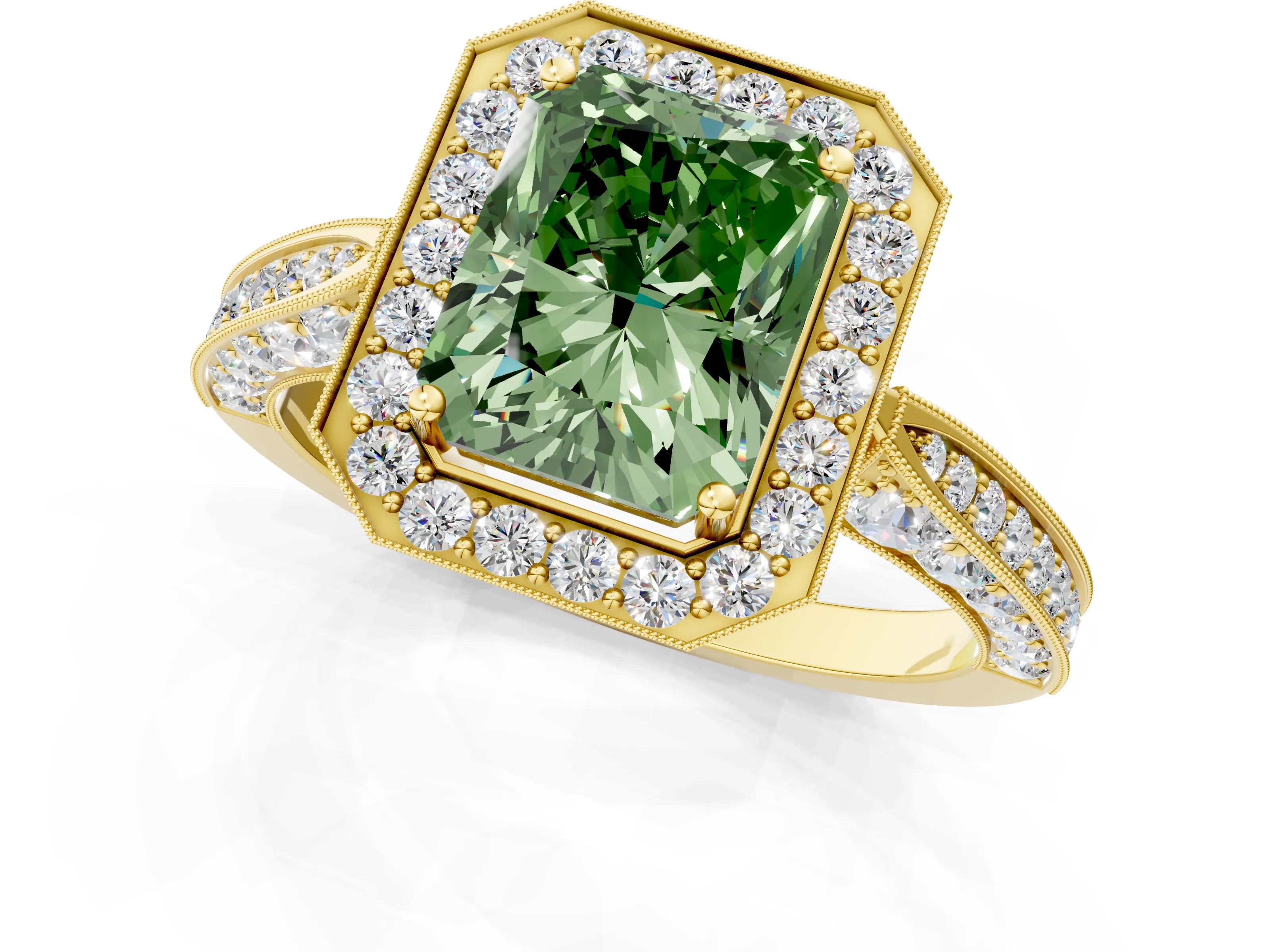 Yellow gold Fancy Green Radiant Cut Halo Diamond Engagement Ring with Split Shank Band and Four-Prong Setting_1
