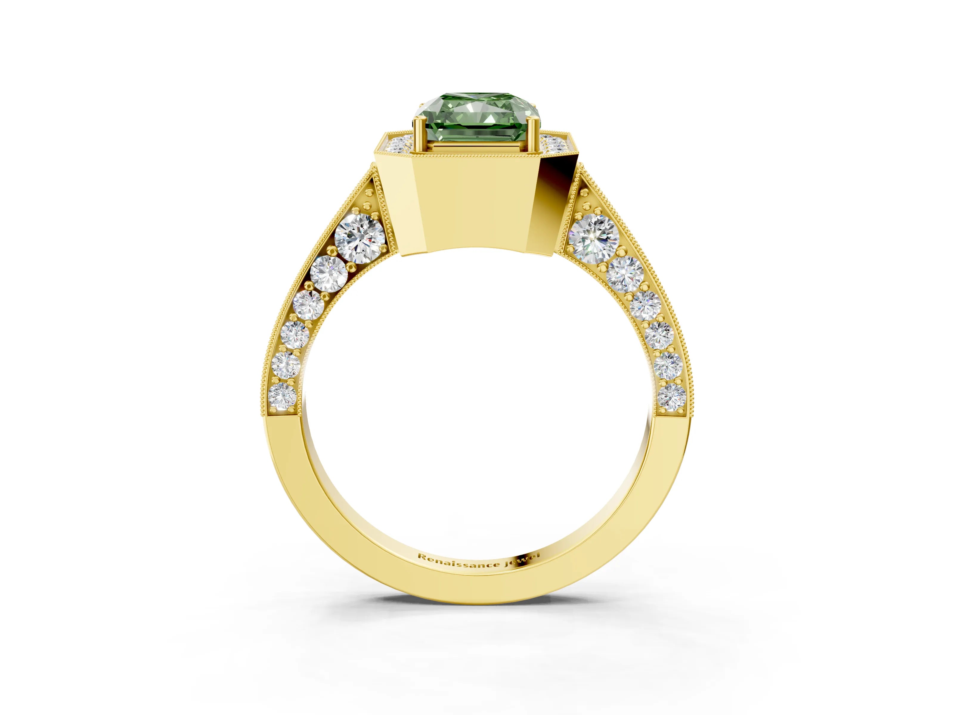Yellow gold Fancy Green Radiant Cut Halo Diamond Engagement Ring with Split Shank Band and Four-Prong Setting_3