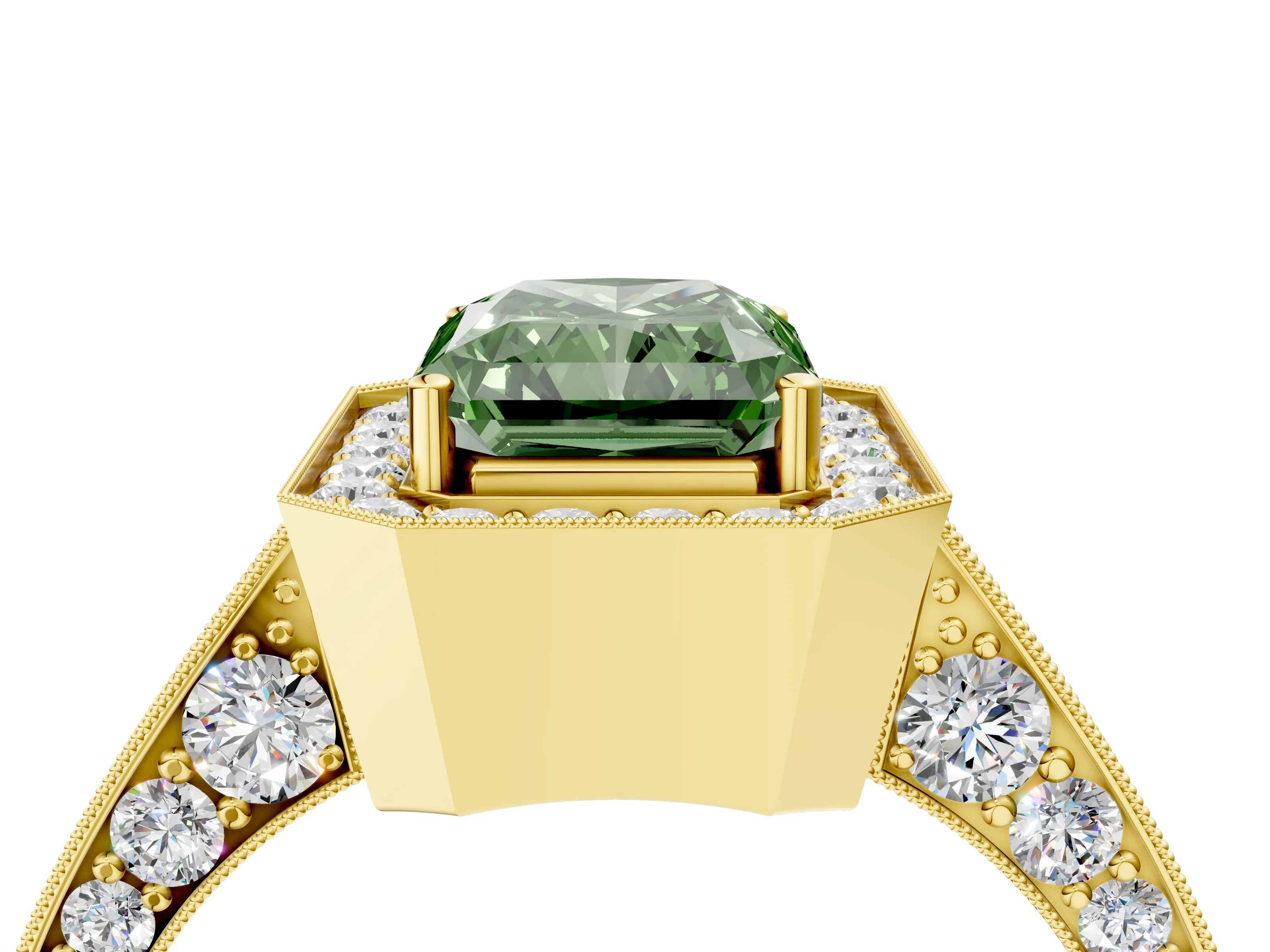 Yellow gold Fancy Green Radiant Cut Halo Diamond Engagement Ring with Split Shank Band and Four-Prong Setting_4
