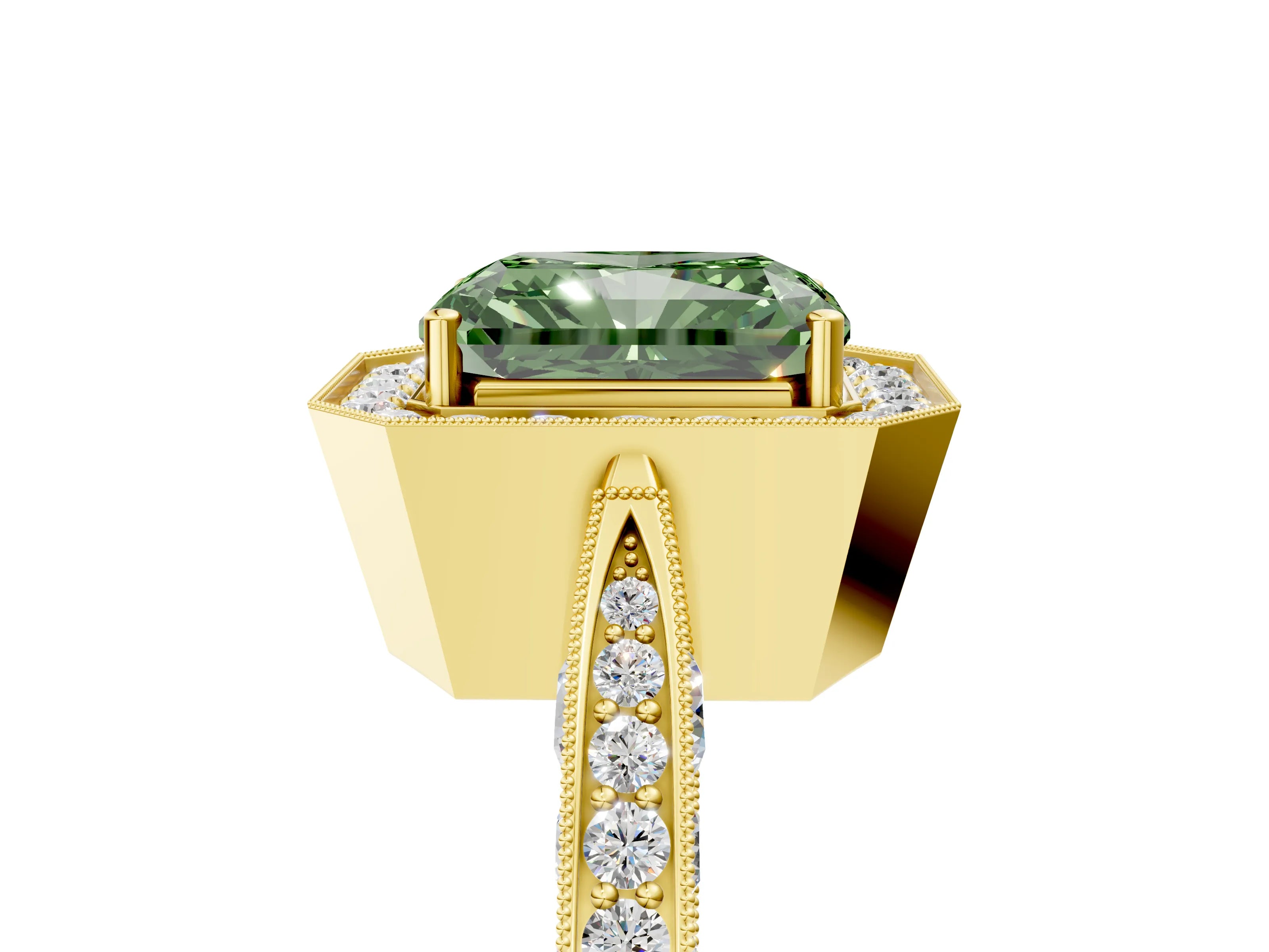 Yellow gold Fancy Green Radiant Cut Halo Diamond Engagement Ring with Split Shank Band and Four-Prong Setting_5