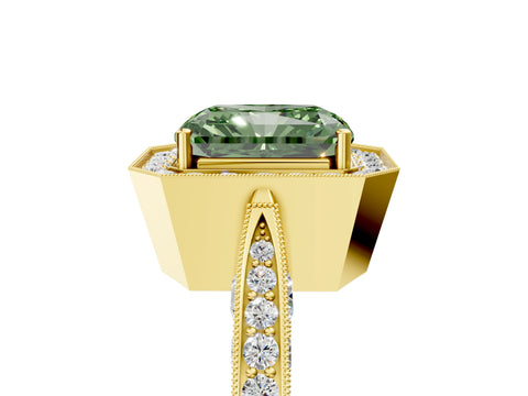 Yellow gold Fancy Green Radiant Cut Halo Diamond Engagement Ring with Split Shank Band and Four-Prong Setting_5
