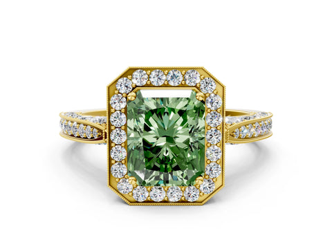 Yellow gold Fancy Green Radiant Cut Halo Diamond Engagement Ring with Split Shank Band and Four-Prong Setting
